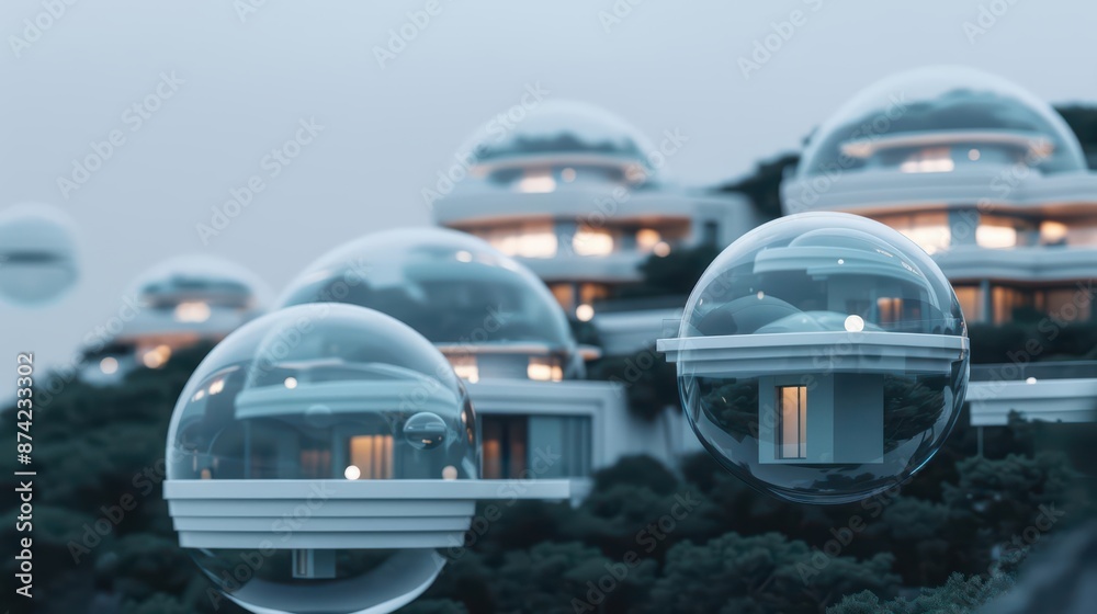 Fototapeta premium A hightech residential complex incorporates magical surveillance orbs that float around the property