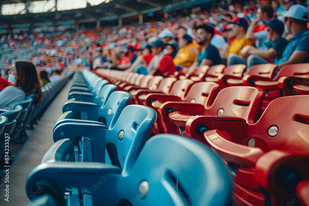 Fototapeta premium A stadium full of people sitting in blue and red chairs