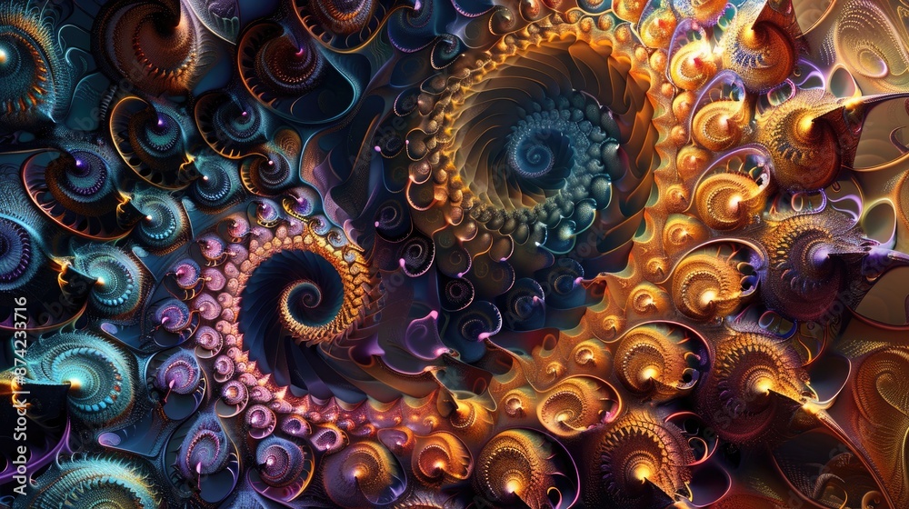 A mesmerizing array of spiraling colors and intricate geometric patterns, forming a radiant and complex abstract scene. A mesmerizing array of spiraling colors and intricate geometric patterns, forming a radiant and complex abstract scene.