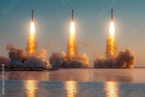 Four military ballistic rockets take off in blue sky, leaving smoke trails, war conceptual image