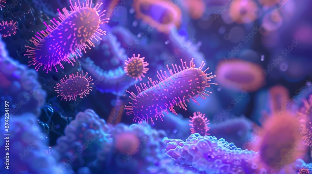 A digital illustration of bacteria, in purple and pink, against a blue background. A digital illustration of bacteria, in purple and pink, against a blue background.