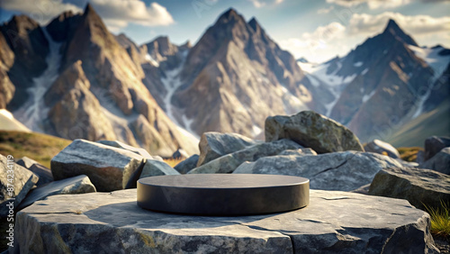 create a mockup of flat stone podium rocks black and in bg mountains of rock