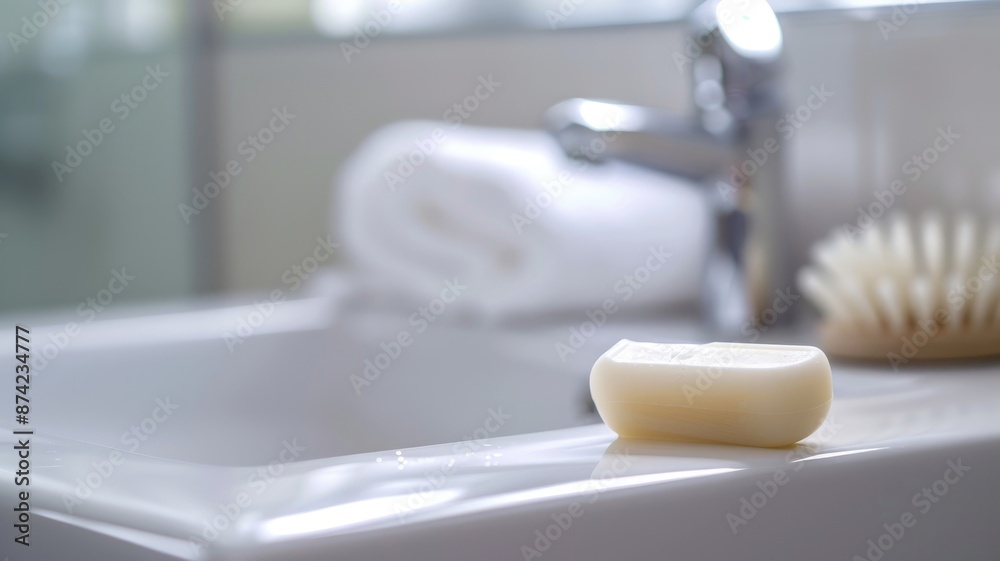Clean bathroom sink with soap, towel, and brush Clean bathroom sink with soap, towel, and brush