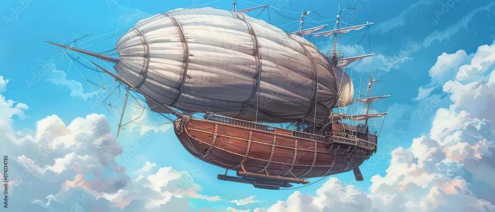 Obraz premium An advanced city transport network features mystical airships resembling old sailing vessels
