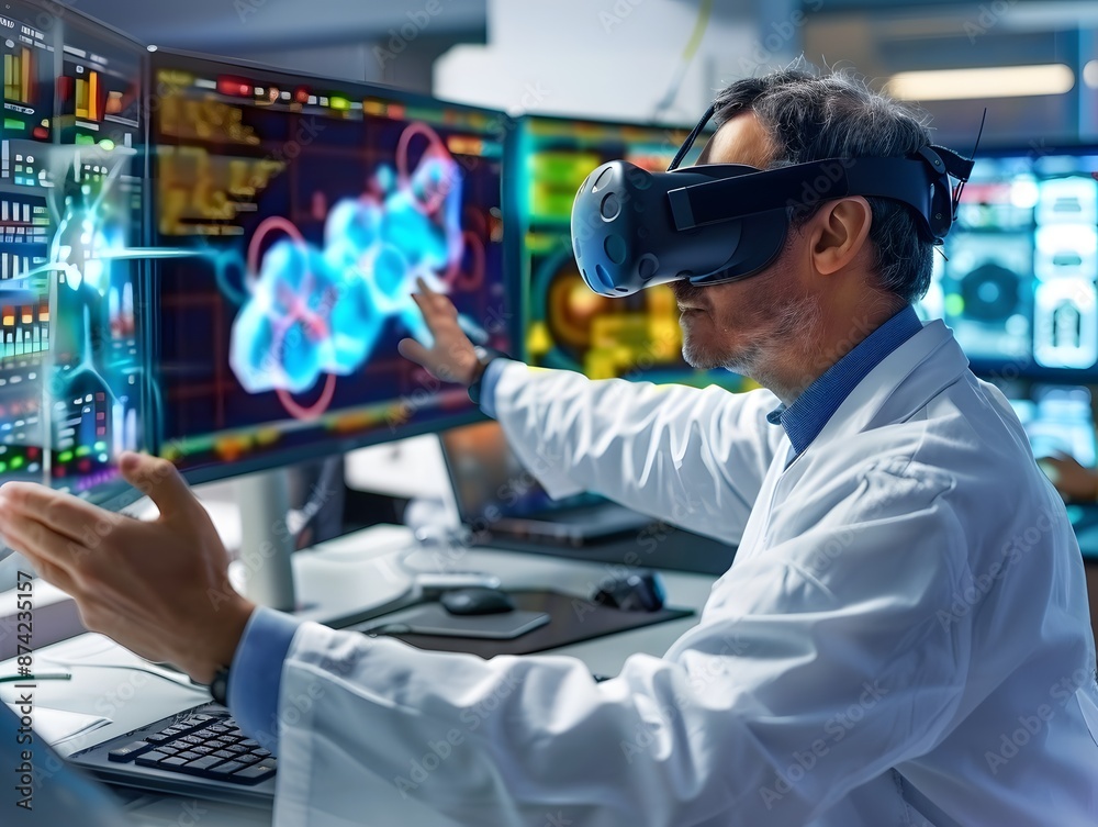 Realism of A medical researcher using virtual reality to explore complex biological systems.. very detailed Realism of A medical researcher using virtual reality to explore complex biological systems.. very detailed