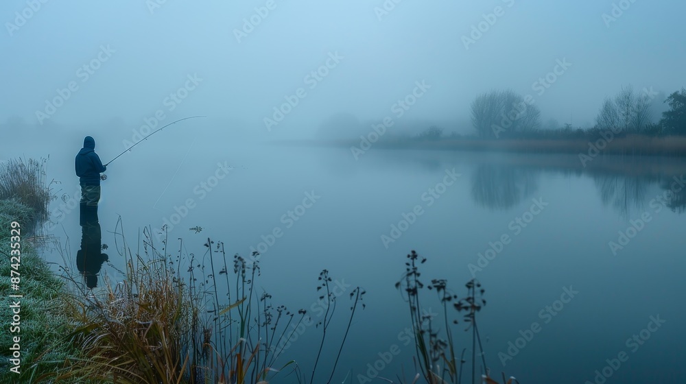 Man fishing at a serene lake, misty morning, calm water, wideangle lens, peaceful scene., Man fishing at a serene lake, misty morning, calm water, wideangle lens, peaceful scene.,