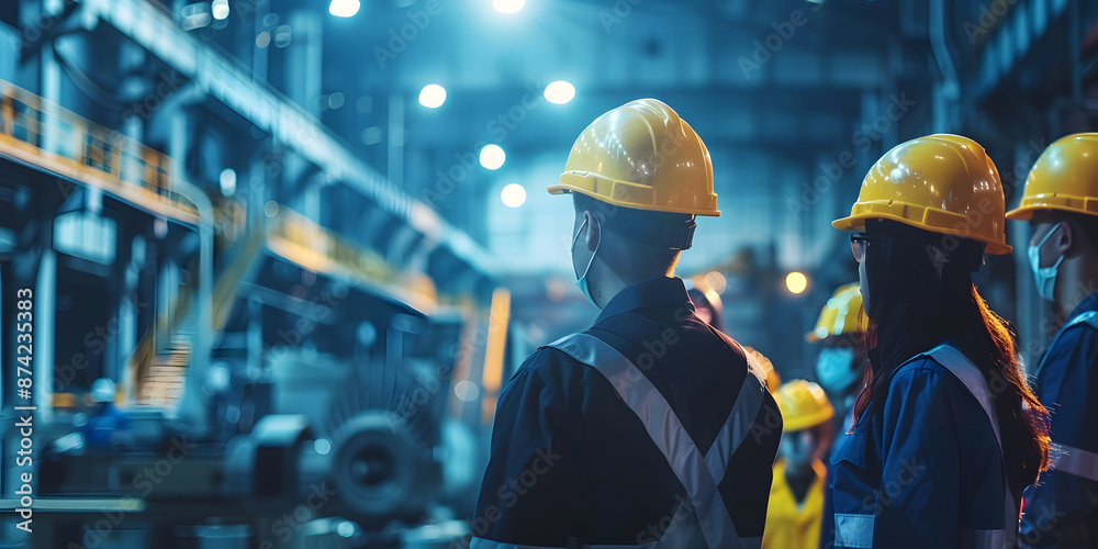 Fototapeta premium Industrial workers in hardhats and uniforms work together on a construction site