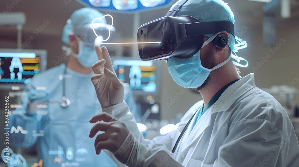 Realism of A doctor using a mixed reality headset to visualize complex surgical procedures.. very detailed