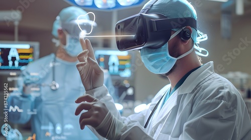 Realism of A doctor using a mixed reality headset to visualize complex surgical procedures.. very detailed