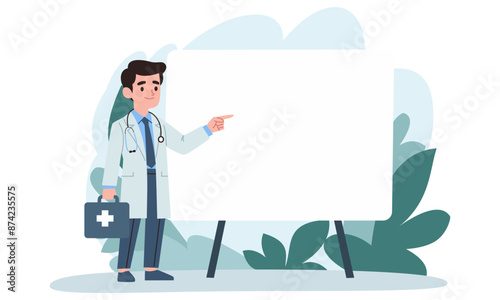 A male doctor points out something on a banner, giving a presentation. Place for your text, flat vector illustration . Vector illustration