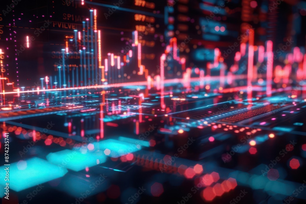 glowing neon stock market chart projected onto a sleek dark surface vibrant colors tracing complex data patterns conveying financial technology and future economics