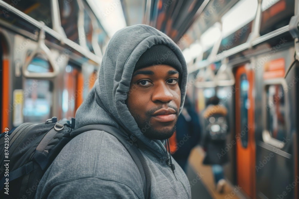 Portrait of a content afro-american man in his 30s sporting a comfortable hoodie while standing against bustling city subway background Portrait of a content afro-american man in his 30s sporting a comfortable hoodie while standing against bustling city subway background