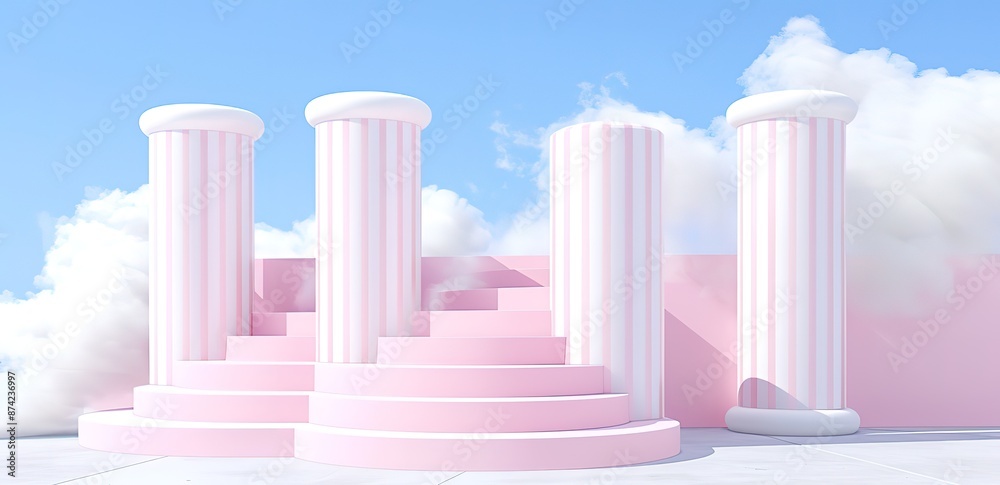 Obraz premium Illustration of a pink round staircase with four white pillars against a blue sky and white clouds