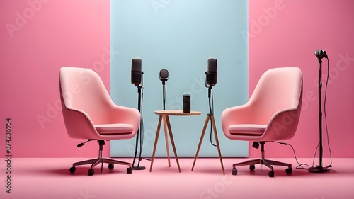 A broad banner for media discussions or podcast streaming designs including two chairs and microphones in an interview or podcast room isolated on a pink background  photo