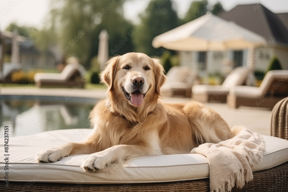 Pretty dog resting outdoors near swimming pool Pretty dog resting outdoors near swimming pool