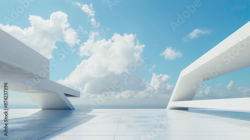 Futuristic Panorama: Abstract Geometric Shapes in a Minimal White Architecture with Blue Sky and Clouds