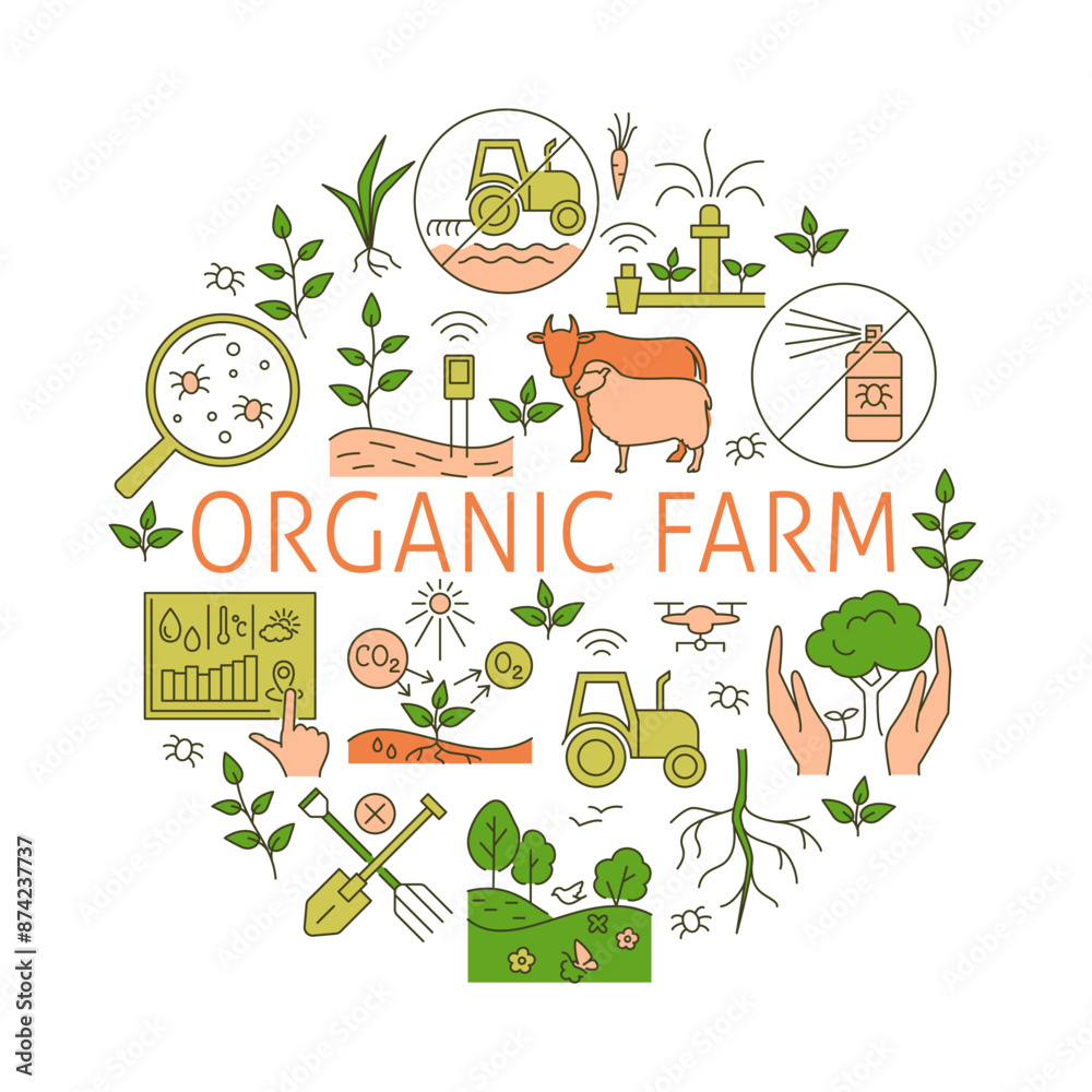 Organic farm round concept poster, eco farming. Vector illustration. Organic farm round concept poster, eco farming. Vector illustration.