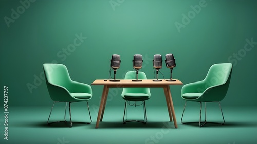 A broad banner for media discussions or podcast streaming designs including three chairs with table and microphones in an interview or podcast room isolated on a green background  photo