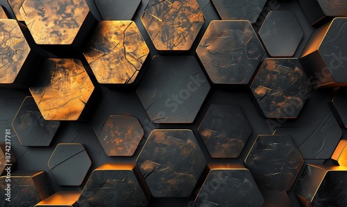 A three-dimensional hexagon-shaped wall with black and yellow patterns
