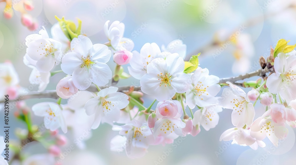 Delicate cherry blossoms blooming on tree branches, soft pastel colors, springtime nature scene Delicate cherry blossoms blooming on tree branches, soft pastel colors, springtime nature scene