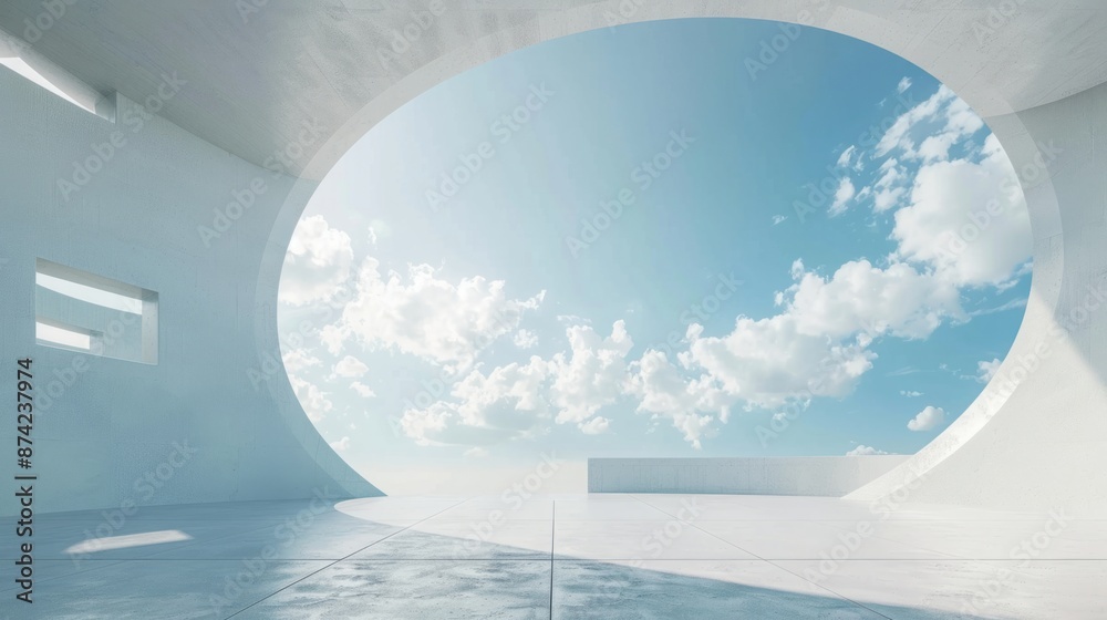 Futuristic Panorama: Abstract Geometric Shapes in a Minimal White Architecture with Blue Sky and Clouds Futuristic Panorama: Abstract Geometric Shapes in a Minimal White Architecture with Blue Sky and Clouds