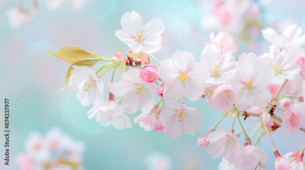 Delicate cherry blossoms blooming on tree branches, soft pastel colors, springtime nature scene Delicate cherry blossoms blooming on tree branches, soft pastel colors, springtime nature scene