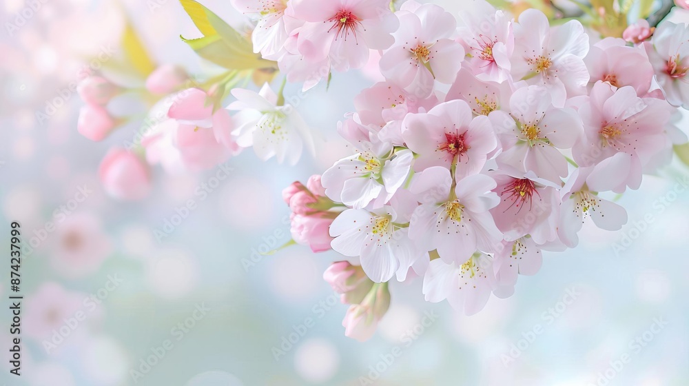 Fototapeta premium Delicate cherry blossoms blooming on tree branches, soft pastel colors, springtime nature scene