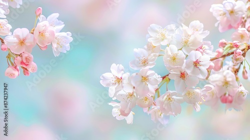 Delicate cherry blossoms blooming on tree branches, soft pastel colors, springtime nature scene