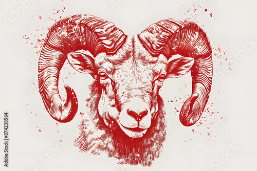 A red ram with a white face is the main focus of the image