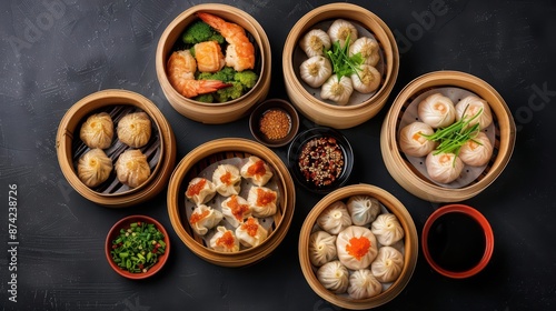 Dim sum explosion presents an assortment of bitesized delights, from steamed buns to dumplings, perfect for a shared dining experience with copy space photo