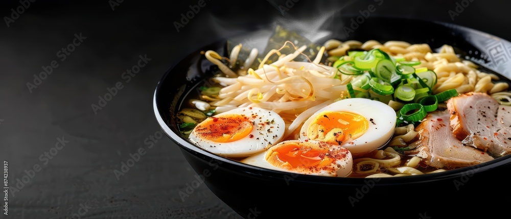 Steaming bowls of ramen explode with flavors from rich broth, tender noodles, and an array of toppings like softboiled eggs and sliced pork with copy space Steaming bowls of ramen explode with flavors from rich broth, tender noodles, and an array of toppings like softboiled eggs and sliced pork with copy space