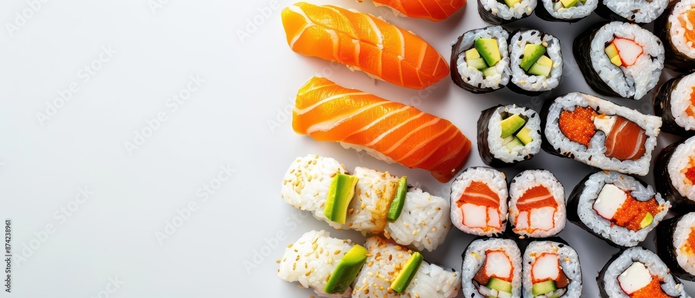Sushi rolls explosion features beautifully crafted rolls with a variety of fillings, from fresh fish to avocado and cucumber, perfect for sushi lovers with copy space Sushi rolls explosion features beautifully crafted rolls with a variety of fillings, from fresh fish to avocado and cucumber, perfect for sushi lovers with copy space