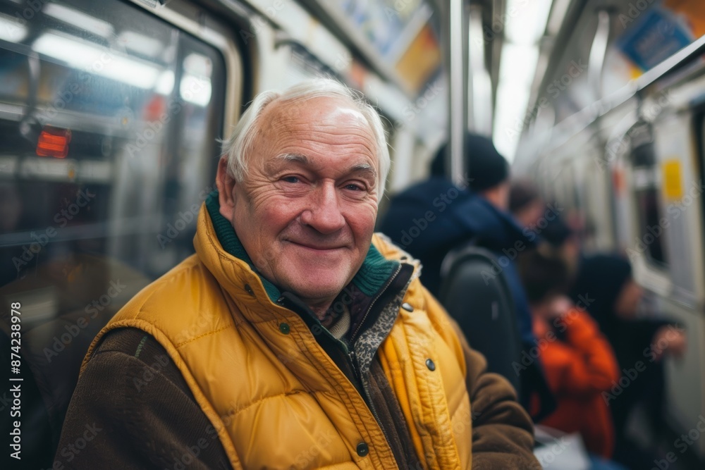 Portrait of a jovial caucasian man in his 70s dressed in a thermal insulation vest in front of bustling city subway background Portrait of a jovial caucasian man in his 70s dressed in a thermal insulation vest in front of bustling city subway background
