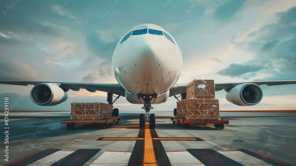 Fototapeta premium A cargo plane being loaded with freight containers on an airport tarmac under a cloudy sky, ready for transportation.
