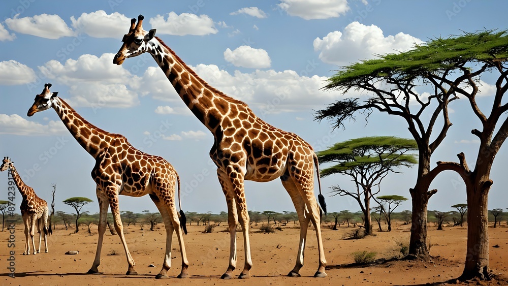Obraz premium Three giraffes stand tall in the African savanna, with a clear blue sky and fluffy clouds above.