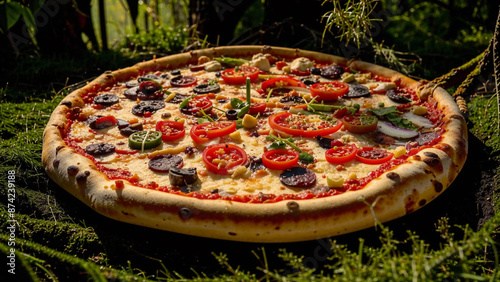 a pizza that is sitting on the grass in the sun photo