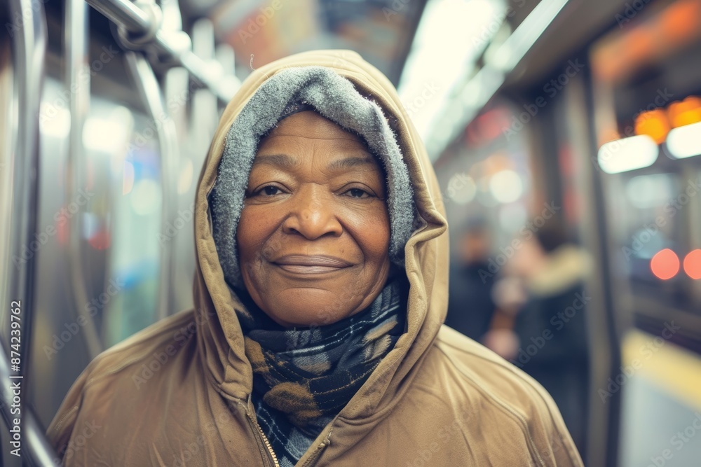 Portrait of a glad afro-american woman in her 60s sporting a comfortable hoodie in front of bustling city subway background Portrait of a glad afro-american woman in her 60s sporting a comfortable hoodie in front of bustling city subway background