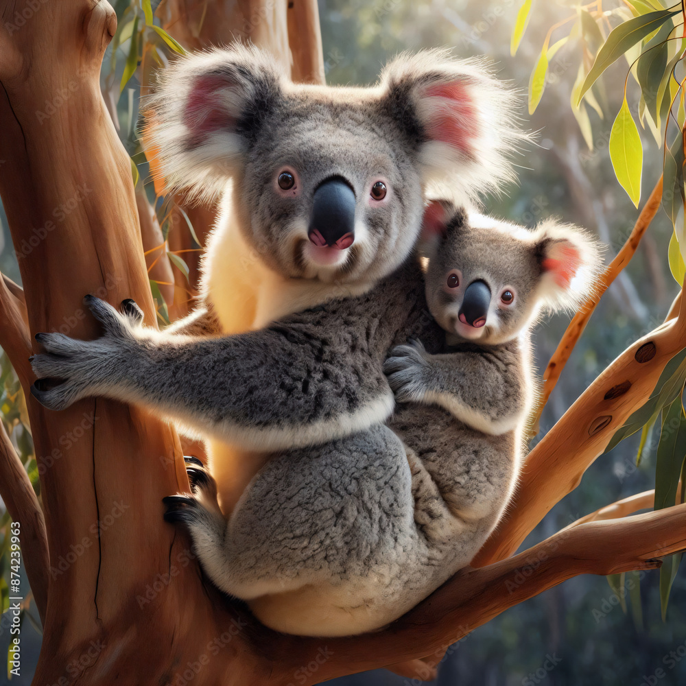 Naklejka premium Mother koala with baby on her back, on a eucalyptus tree.