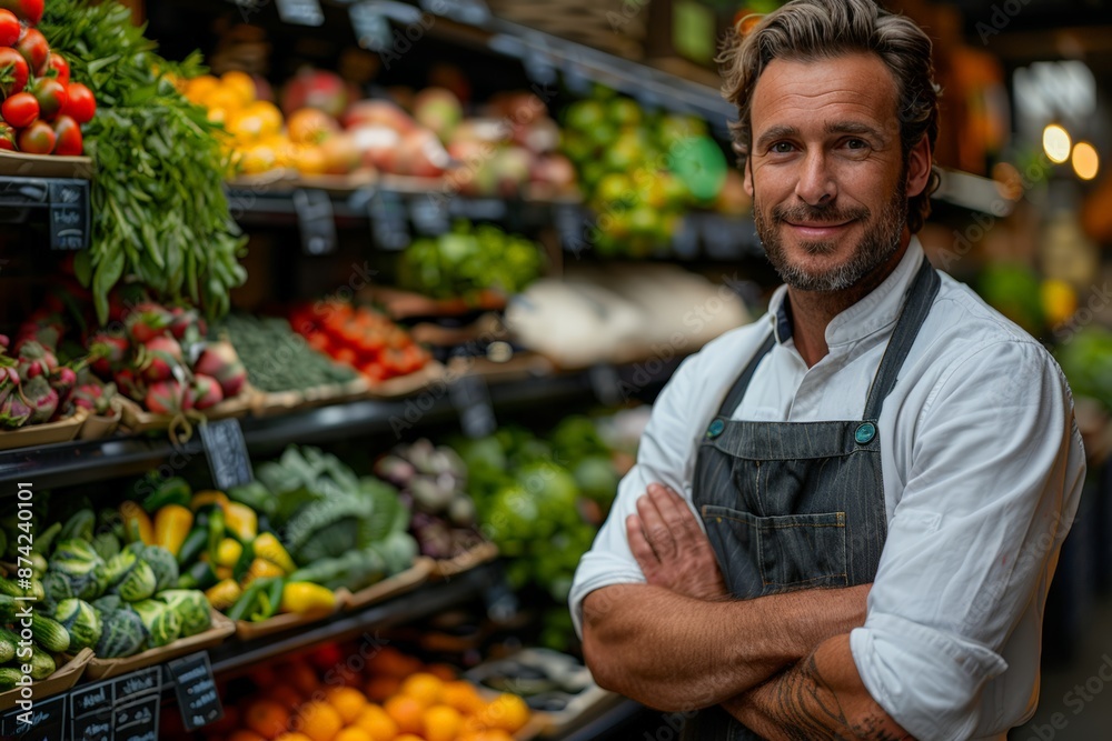 Farmer's market technician standing in front of produce Farmer's market technician standing in front of produce