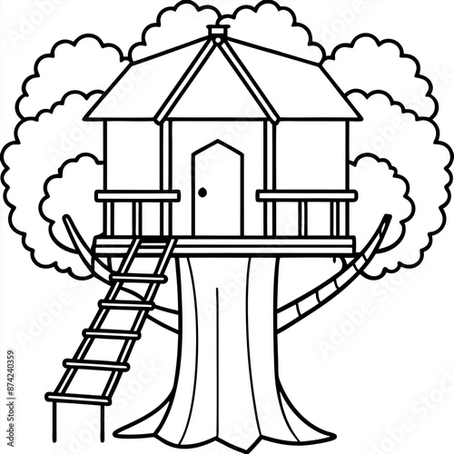 A rope bridge leads to a treehouse