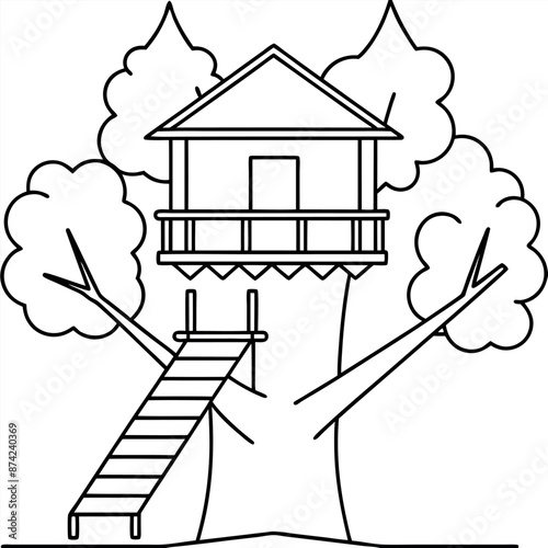 A rope bridge leads to a treehouse
