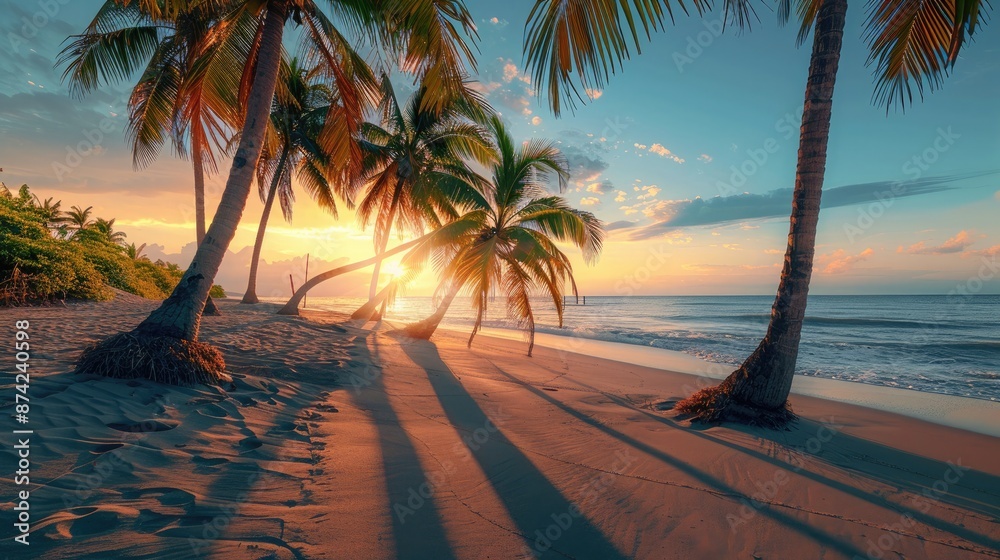 A peaceful beach with palm trees and smooth sand, the sunset creating long, soft shadows and warm tones. A peaceful beach with palm trees and smooth sand, the sunset creating long, soft shadows and warm tones.