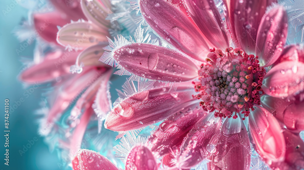 Vibrant Pink Ice Flower Macro with Crisp Blue Background