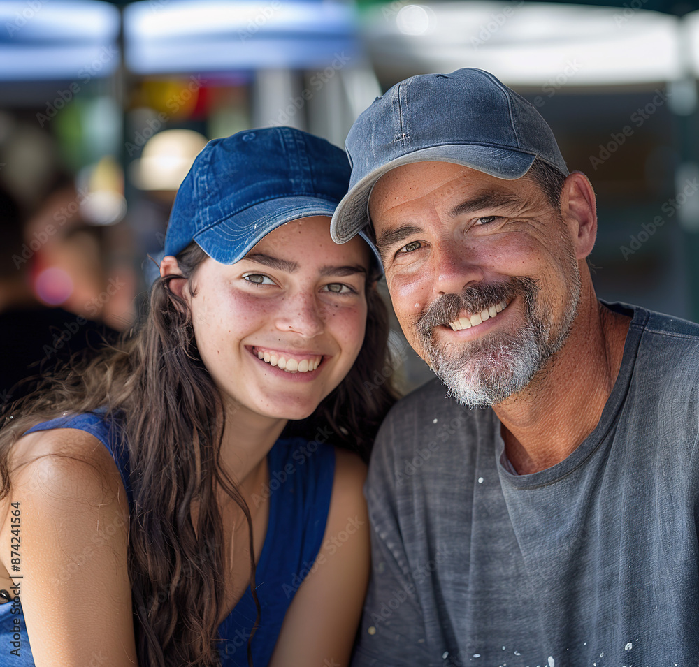 Cheery duo with freckles enjoying a vibrant outdoor market, featuring a young woman in a blue cap and a mustached man, their smiles illuminating the colorful goods on display against somber backgroud Cheery duo with freckles enjoying a vibrant outdoor market, featuring a young woman in a blue cap and a mustached man, their smiles illuminating the colorful goods on display against somber backgroud