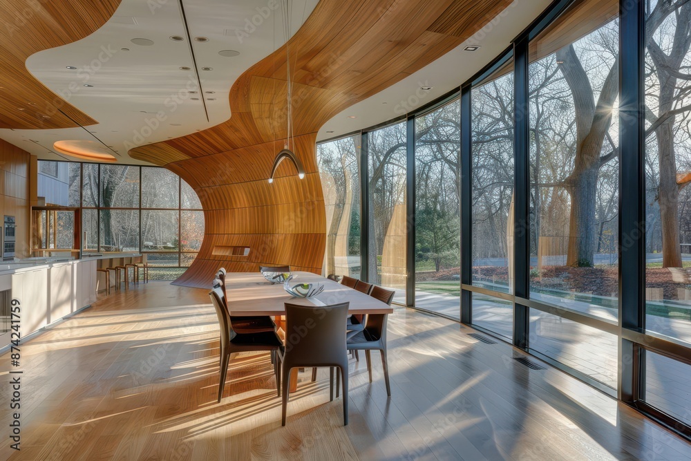 modern dining room with curved wood paneling minimalist furniture and ...