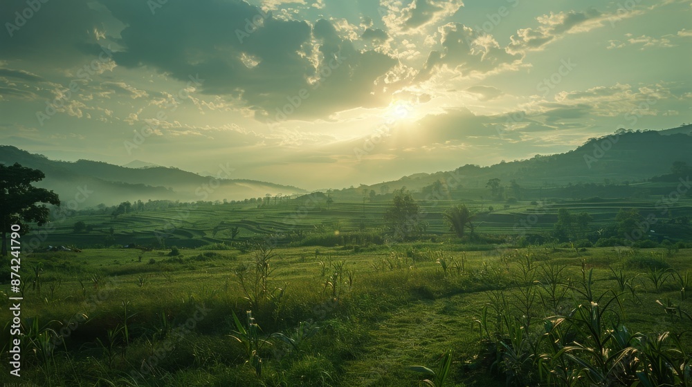 Obraz premium Vast field with wildflowers, rolling hills, and a mountain range under a blue sky with scattered clouds.