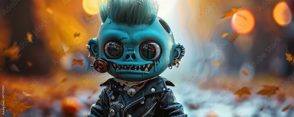 A monster with a spiked hairdo in leather rock and roll. Free copy space for banner. A monster with a spiked hairdo in leather rock and roll. Free copy space for banner.