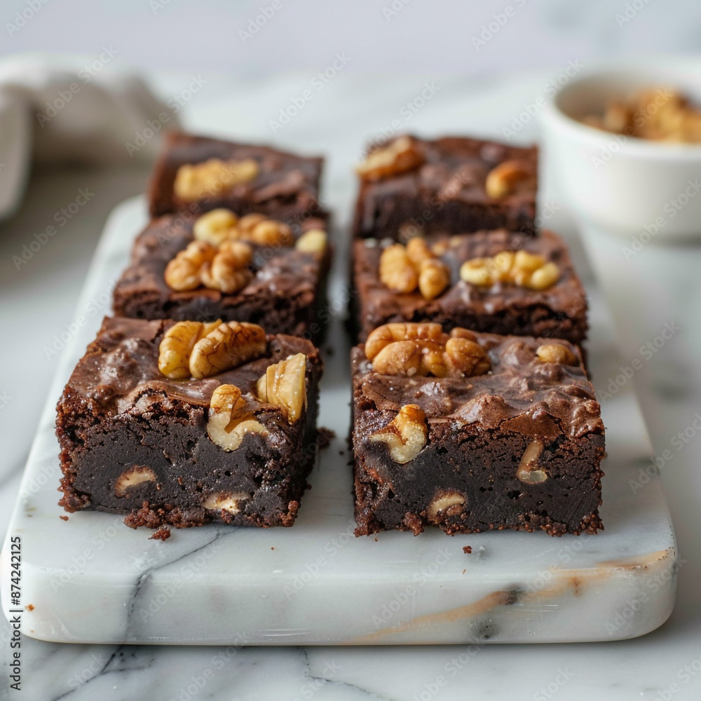 Gooey and delicious brownies studded with chunks of dark chocolate and walnuts on a white marble serving platter.
Gooey and delicious brownies studded with chunks of dark chocolate and walnuts on a white marble serving platter.