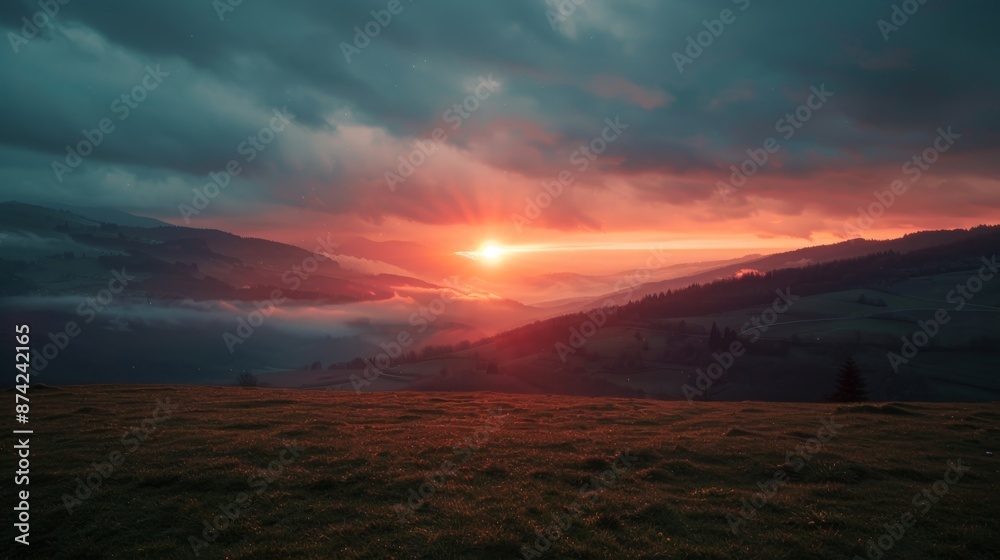 Fototapeta premium Vast field with wildflowers, rolling hills, and a mountain range under a blue sky with scattered clouds.