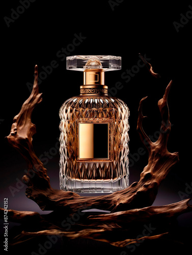 Realistic illustrative photo: A perfume with a golden bottle, with a woody fragrance in packshot photography photo